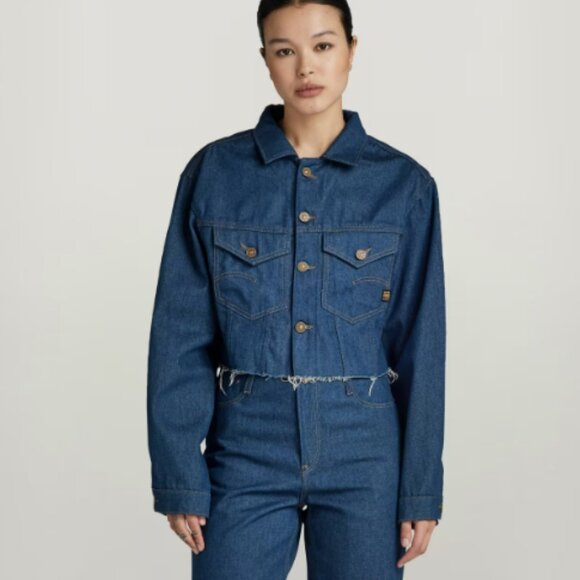 G-Star Relaxed Cropped Cutoff Jacket Raw Denim Dark Blue Size Small